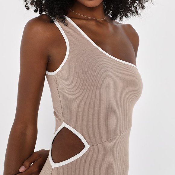 NWT Lulus Beige Color Block Ribbed One-Shoulder Midi Dress Small - Picture 5 of 7